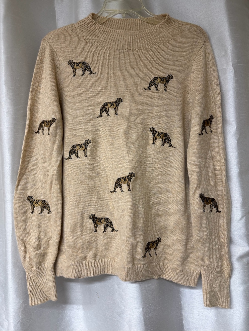 Chico's Beige Crewneck Sweater with Leopard Embroidery